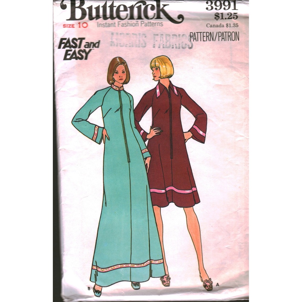 Vintage Butterick 3991 Misses Robe Sewing Pattern Size 10 Raglan Sleeve Zipper